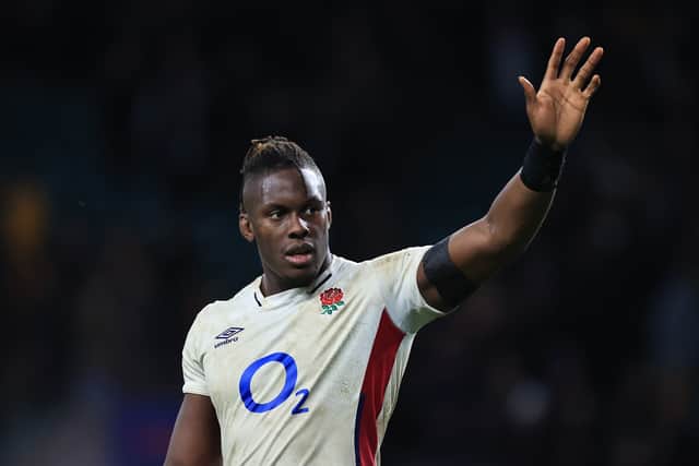 Maro Itoje of England celebrates after their victory during the Autumn Nations Series match between England and South Africa at Twickenham Stadium on November 20, 2021 