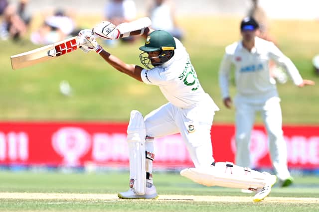 Najmul Hossain Shanto of Bangladesh plays the ball away for four runs during day five of the First Test Match in the series between New Zealand and Bangladesh at Bay Oval on January 05, 2022 in Tauranga, New Zealand.