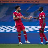 Sadio Mane of Liverpool celebrate with Mohamed Salah (Photo by Sebastian Frej/MB Media/Getty Images)