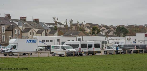 Filming crew were seen setting up their base in Heysham Bay car park (Picture: Janet Packham photography)