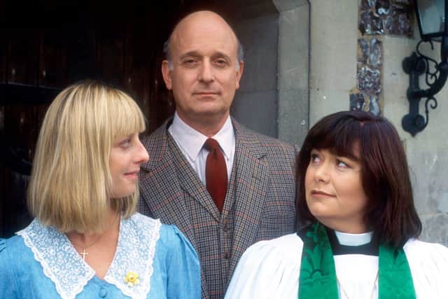 Gary Waldhorn with Vicar of Dibley co-stars Emma Chambers and Dawn French (Photo: BBC)