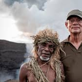 Martin Clunes at Mount Yasur with one of the native villagers (Picture: ITV)