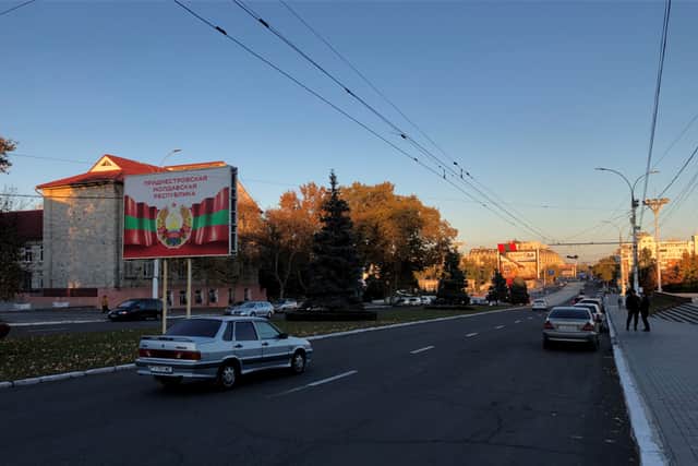Tiraspol's main boulevard at dust - as busy as a rush hour in Transnistria gets 