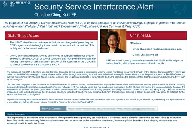 MI5 Security Service Interference Alert (SSIA) warning that Christine Ching Kui Lee “an agent of the Chinese government has been active in the British Parliament."