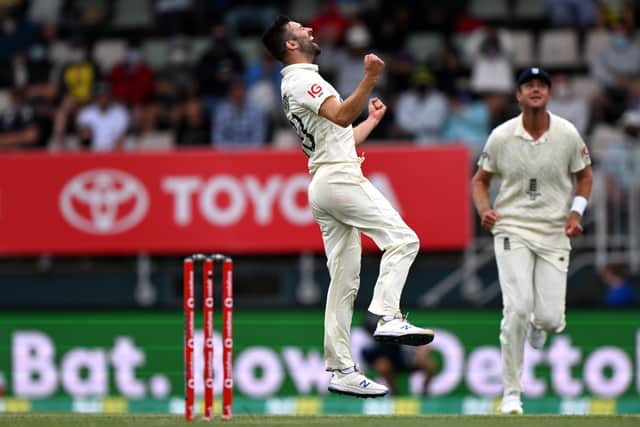 Mark Wood of England celebrates after claiming the wicket of Mitchell Starc of Australia during day three of the Fifth Test in the Ashes series between Australia and England at Blundstone Arena on January 16, 2022 in Hobart, Australia