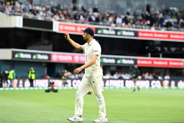 Mark Wood of England acknowledges the crowd after claiming six wickets during day three of the Fifth Test in the Ashes series between Australia and England at Blundstone Arena on January 16, 2022 in Hobart, Australia.