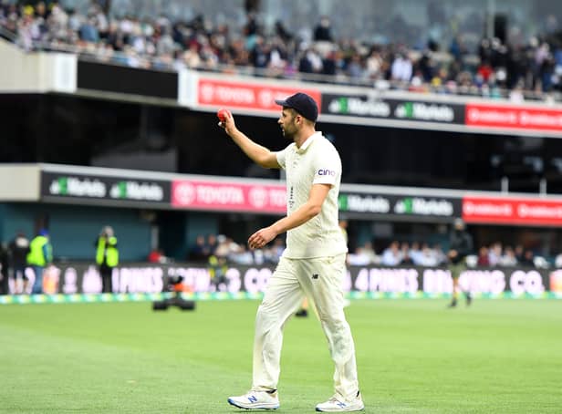 <p>Mark Wood of England acknowledges the crowd after claiming six wickets during day three of the Fifth Test in the Ashes series between Australia and England at Blundstone Arena on January 16, 2022 in Hobart, Australia.</p>