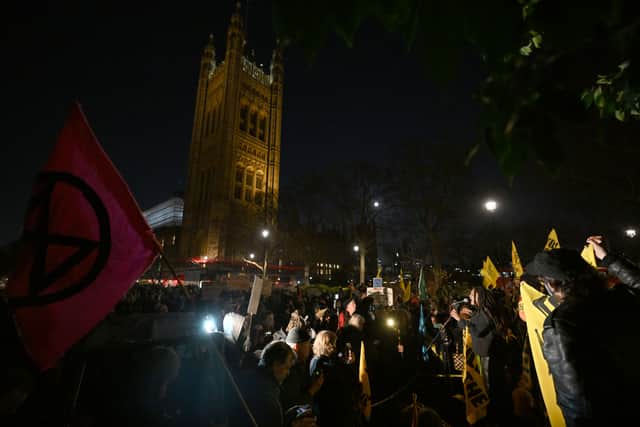 A speaker addresses “Kill the Bill” protesters at College green, opposite House of Lords on January 17, 2022 in London, England. (Photo by Leon Neal/Getty Images)