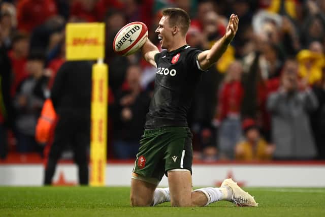 Liam Williams of Wales celebrates after scoring their side's sixth try during the Autumn Nations Series match between Wales and Fiji at Principality Stadium on November 14, 2021 in Cardiff, Wales
