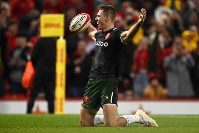 Liam Williams of Wales celebrates after scoring their side's sixth try during the Autumn Nations Series match between Wales and Fiji at Principality Stadium on November 14, 2021 in Cardiff, Wales