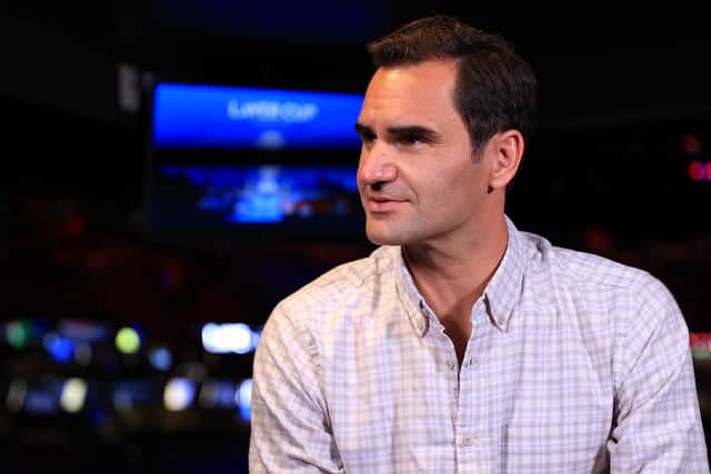 Roger Federer looks on during an interview with Andy Roddick during Day 2 of the 2021 Laver Cup at TD Garden on September 25, 2021 in Boston, Massachusetts.