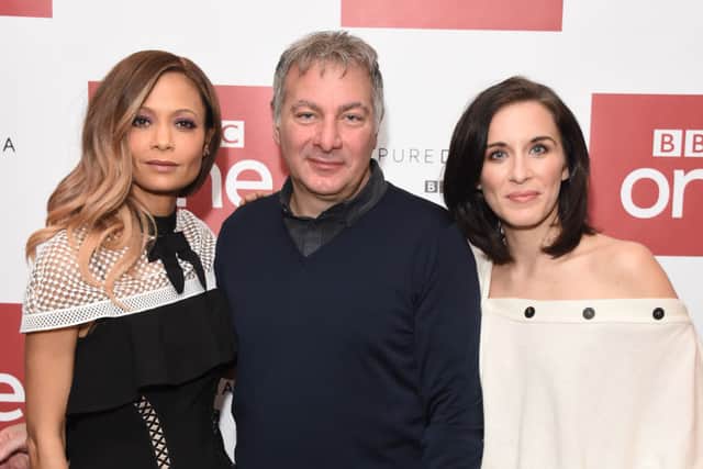 Jed Mercurio with Line of Duty stars Thandiwe Newton and Vicky McClure (Photo: Stuart C. Wilson/Getty Images)