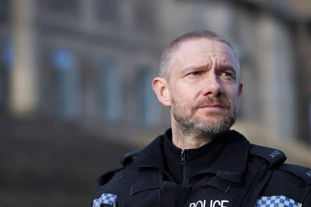 Martin Freeman as urgent response officer Chris Carson in The Responder (Credit: BBC/Dancing Ledge/Rekha Garton)
