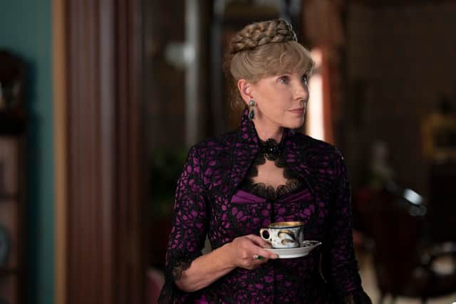 Christine Baranski as Agnes van Rhijn, holding a cup of tea (Credit: Alison Cohen Rosa/Heyday Productions)
