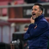 Vitor Pereira reacts during the UEFA Europa League group D football match between Olympiacos FC and Fenerbahce SK at the Karaiskakis Stadium in Piraeus, near Athens on November 25, 2021