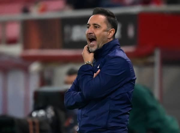 Vitor Pereira reacts during the UEFA Europa League group D football match between Olympiacos FC and Fenerbahce SK at the Karaiskakis Stadium in Piraeus, near Athens on November 25, 2021