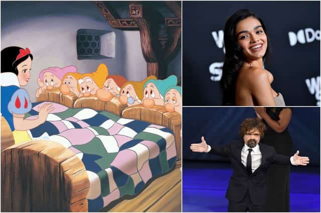 Rachel Zegler (top right) will star in Disney’s live-action remake of Snow White, a story which Games of Thrones star Peter Dinklage (bottom right) has described as ‘f****** backwards’ (Images: Disney/Getty Images)