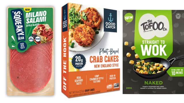Here are 10 new vegan meat free products available from a supermarket near you (images: Squeaky Bean/Good Catch/The Tofoo Co)