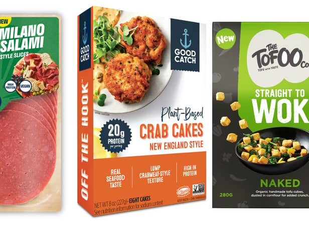 <p>Here are 10 new vegan meat free products available from a supermarket near you (images: Squeaky Bean/Good Catch/The Tofoo Co)</p>