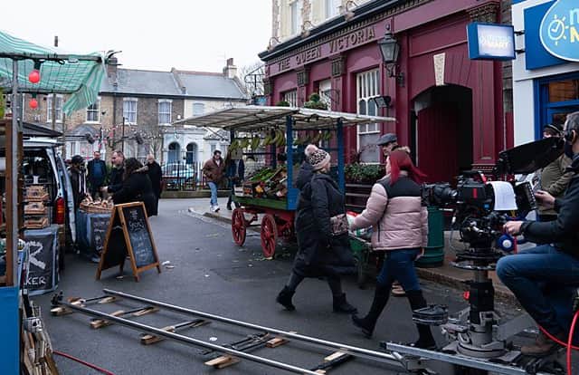 Cast and crew of Eastenders have started filming on the new Walford set. (Credit: BBC)