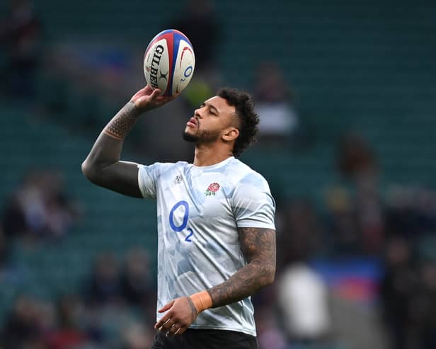 Courtney Lawes of England warms up ahead of the Autumn Nations Series match between England and South Africa at Twickenham Stadium on November 20, 2021 in London, England