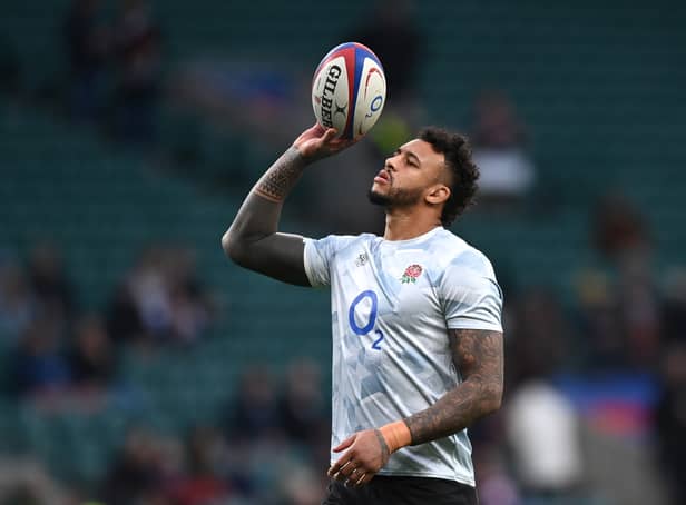 <p>Courtney Lawes of England warms up ahead of the Autumn Nations Series match between England and South Africa at Twickenham Stadium on November 20, 2021 in London, England</p>