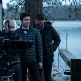 Director Benjamin Semanoff, actor Jason Bateman, and cinematographer Ben Kutchins filming Ozark (Credit: Jessica Miglio/Netflix)