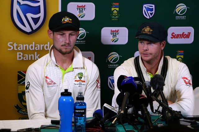 Bancroft, left, and Smith admit to tampering with the ball in a press conference in 2018