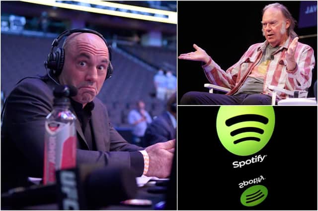 Joe Rogan (left) has regularly caused controversy with his ‘outspoken’ views on Covid-19, leading to prominent figures to call for his removal from Spotify - including Neil Young (Photos: Getty Images) 
