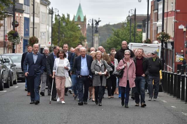 Relatives of victims in the case of "Soldier F" walk towards Bishop Street courthouse on September 18, 2019 (Photo by Charles McQuillan/Getty Images)