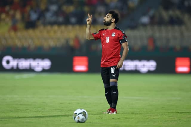 Mohamed Salah reacts during the Group D Africa Cup of Nations  (Photo by KENZO TRIBOUILLARD/AFP via Getty Images)