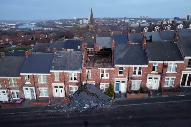 A house on Overhill terrace in Bensham, Gateshead, lost its roof after strong winds from Storm Malik battered northern parts of the UK (image: PA)