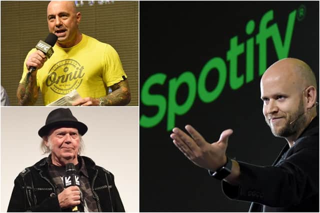 Spotify CEO Daniel Ek (right) has announced Spotify will be introduce a ‘content advisory’ to podcast episodes that discuss Covid-19 (Photos: Getty Images)