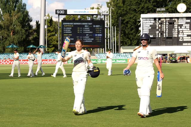 Knight, left, celebrates her unbeaten 168 in the Ashes test match