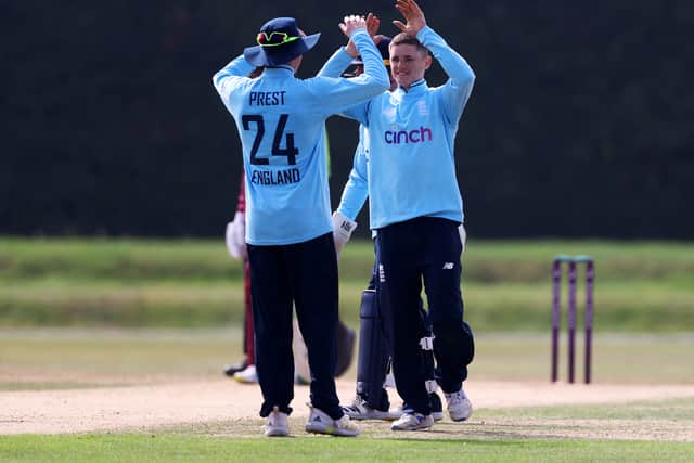 Prest and Bethell celebrating a wicket. Prest has been a top scorer for England this world cup