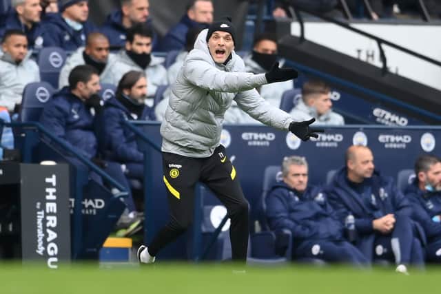 Thomas Tuchel, Manager of Chelsea reacts during the Premier League match between Manchester City and Chelsea at Etihad Stadium on January 15, 2022 in Manchester, England