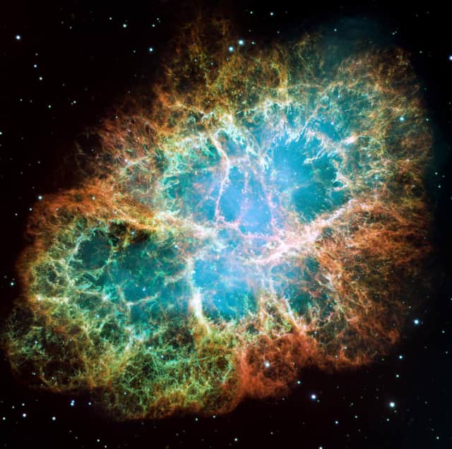 This mosaic image, one of the largest ever taken by NASA’s Hubble Space Telescope of the Crab Nebula, shows six-light-year-wide expanding remnant of a star’s supernova explosion (Photo: NASA via Getty Images)