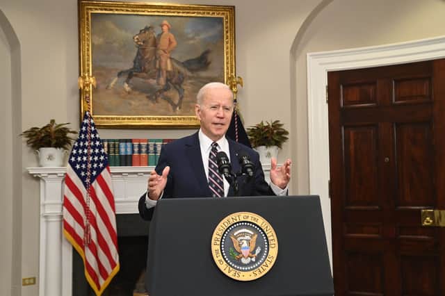 <p>Joe Biden speaks about the death of Abu Ibrahim al-Hashimi al-Qurashi in a press conference. (Credit: Getty)</p>