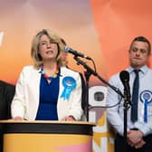 Newly elected Conservative MP Anna Firth makes a speech at Southend Leisure & Tennis Centre after being declared the winner in the Southend West by-election. (PA)