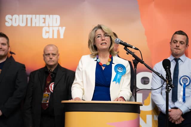 Newly elected Conservative MP Anna Firth makes a speech at Southend Leisure & Tennis Centre after being declared the winner in the Southend West by-election. (PA)