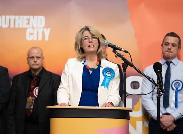 <p>Newly elected Conservative MP Anna Firth makes a speech at Southend Leisure & Tennis Centre after being declared the winner in the Southend West by-election. (PA)</p>