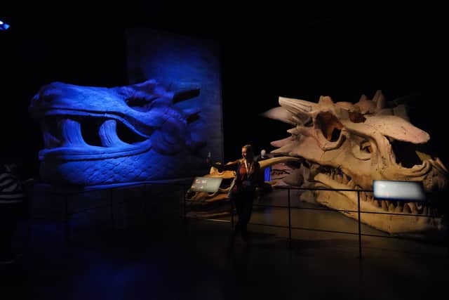 A woman takes a selfie next to dragon skulls on display (Photo: PA)