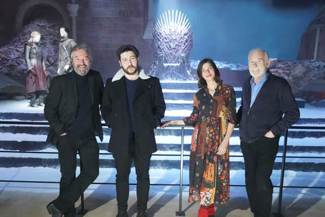 Game of Thrones members (L-R) Ian Beattie, Daniel Portman, Natalia Tena and Ian McElhinney pose for photos during a preview day of the Game of Thrones Studio Tour (Photo: PA)