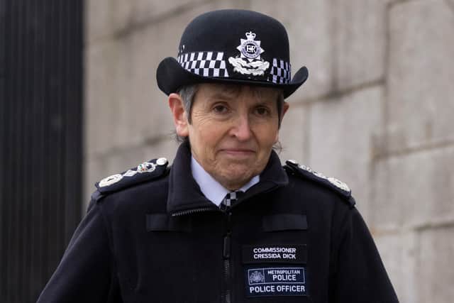 Metropolitan Police Commissioner Cressida Dick arrives at Scotland Yard on January 25, 2022 as the ‘partygate’ probe was announced (Photo by Dan Kitwood/Getty Images)