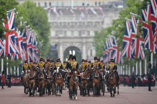 Members of The King’s Troop Royal Artillery lead the parade down the Mall back to Buckingham Palace after the Queen’s Birthday Parade, ‘Trooping the Colour’, in London on June 8, 2019 (Photo: DANIEL LEAL/AFP via Getty Images)