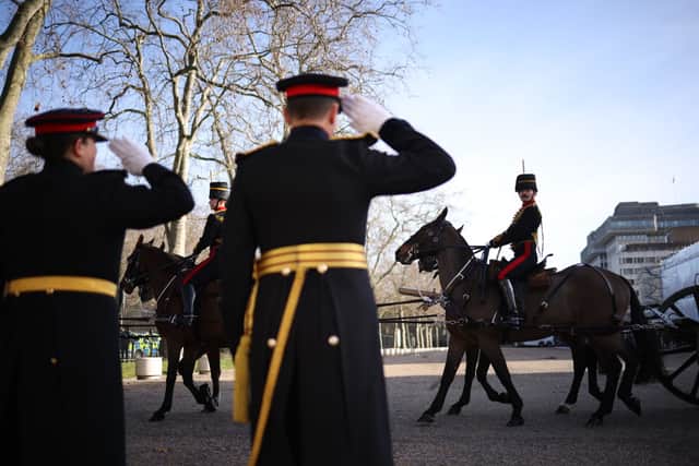 Members of the King’s Troop Royal Horse Artillery prepare to depart for Green Park where they will fire a 41-gun salute (Photo: Dan Kitwood/Getty Images)