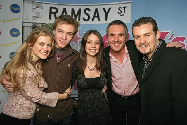 (L-R) Tippa Black, Sam Clarke, Adelaide Kane, Alan Fletcher and Ryan Maloney pose together after Clarke and Kane are announced as the winners of Dolly Magazine’s national search to find two new Neighbours cast members (Photo by Kristian Dowling/Getty Images)