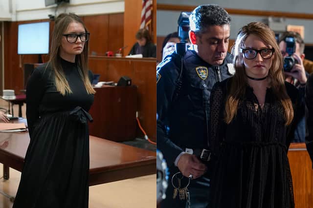 L-R: the real Anna Sorokin in court; Julia Garner portraying Sorokin in Inventing Anna (Credit L-R: Getty Images; Netflix)