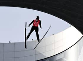 French Edgar Vallet practices during the Nordic Combined normal hill official training (Photo by CHRISTOF STACHE/AFP via Getty Images)