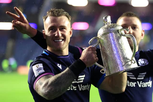  Stuart Hogg, the Scotland captain, raises the Calcutta Cup after their victory during the Guinness Six Nations match between Scotland and England at BT Murrayfield Stadium on February 05, 2022 in Edinburgh, Scotland
